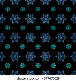 Vector illustration. Blue Christmas frame with abstract snowflakes and dots on black background.