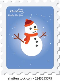 Vector illustration of Blue Christmas and New year postcard with Snowman