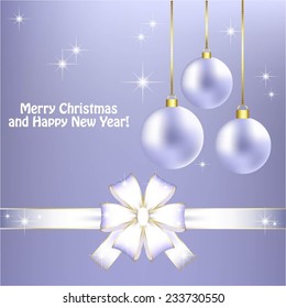 Vector illustration of Blue christmas toys. White bow