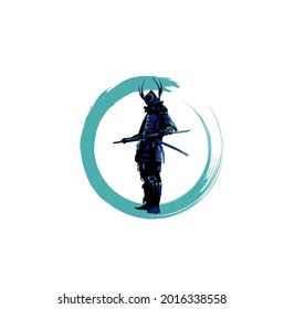 vector illustration with blue circle a samurai warrior carrying a sword