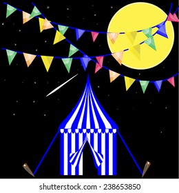 Vector illustration of blue circus tent at night time