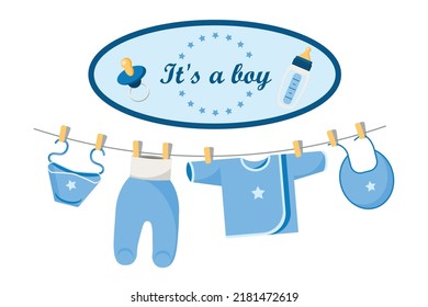 Vector illustration of blue clothes for a little boy hanging on a rope and the inscription - It's a boy