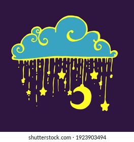 Vector illustration of a blue cloud with a moon and stars on golden threads on a dark purple background. hand-drawn drawing in the cloud sketch style with swirls for the design template