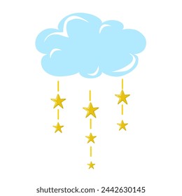Ilustración vectorial de nube azul con colgantes de estrellas amarillas, atrapasueños, nube mágica nocturna