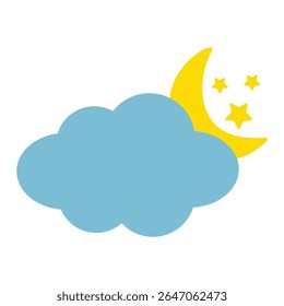 Vector illustration of the blue cloud and yellow moon icon with stars. The weather forecast icon.