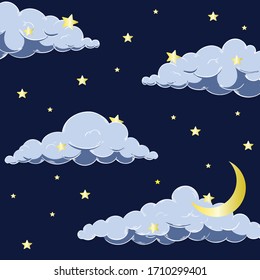 Imagen vectorial de nubes azules con estrellas doradas y luna en el cielo oscuro de la noche, caricatura tierno para su diseño. Buenas noches, dulces sueños