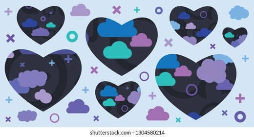 vector illustration with blue clouds and hearts for romantic dreamy greetings