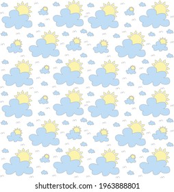 Vector illustration of blue clouds, sunshine and birds. Background cartoon template on white. Kids, children wallpaper.