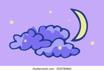 Vector illustration of blue clouds and yellow moon with stars. Hand drawn icon and symbol for print, poster, sticker, card design. Doodle design elements. 