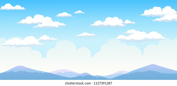 Vector illustration of blue cloudy sky background in minimal style with silhouette mountain.