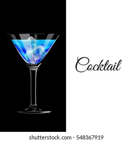 Vector illustration of blue cocktail with ice cubes on a black background.