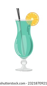 Vector illustration of blue cocktail with orange slice isolated on white background in flat style. Suitable for menu design, food stickers, scrapbooking.