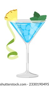 Vector illustration of a blue cocktail with a piece of pineapple, mint leaves and ice cubes on a white background in a flat style. Suitable for menu design, food stickers, scrapbooking.