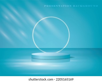 vector illustration blue color 3D cylinder podium with round light line on the blue color 3D room,use for cosmetic and presentation background.
