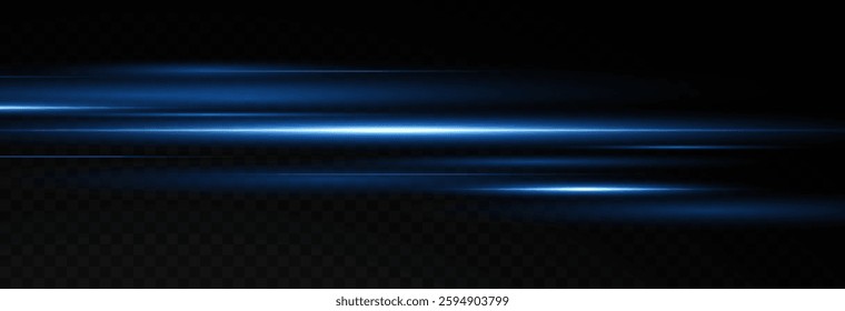 Vector illustration of blue color, abstract laser speed lines. Glare, horizontal light rays png. Glowing linear background. A set of bright suns.