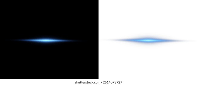Vector illustration of blue color, abstract laser speed lines. Glare, horizontal light rays png. Glowing linear background. A set of bright suns.