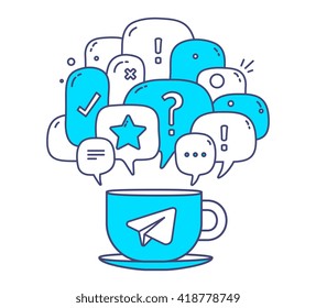 Vector illustration of blue color dialog speech bubbles with icons and cup of coffee on white background. Communication technology concept. Thin line art flat design of mobile chatting and messenger