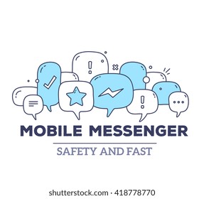 Vector illustration of blue color dialog speech bubbles with icons and text mobile messenger on white background. Safety and fast mobile messenger concept. Thin line art flat design of communication