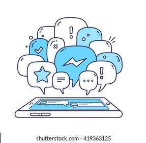 Vector illustration of blue color dialog speech bubbles with icons and phone on white background. Safety and fast mobile messenger concept. Thin line art flat design of communication technology theme