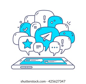 Vector illustration of blue color dialog speech bubbles with icons and phone on white background. Safety and fast mobile messenger concept. Thin line art flat design of communication technology theme