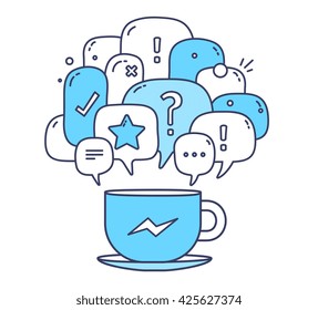 Vector illustration of blue color dialog speech bubbles with icons, cup of coffee on white background. Communication technology concept. Thin line art flat design of mobile chatting, messenger theme