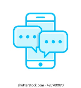 Vector illustration of blue color dialog speech bubbles with icons and phone on white background. Mobile messenger concept.