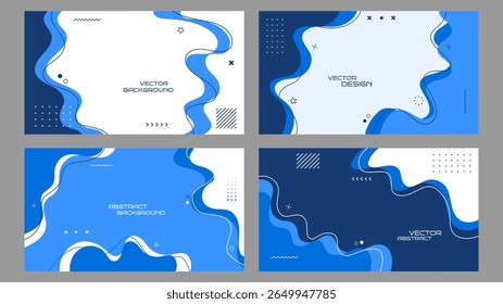 Vector illustration. Blue color flat banner template. Hand drawn doodle shapes and lines. Design elements for horizontal web banner, presentation. Trendy colorful fluid wavy background