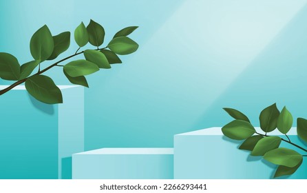 ilustración vectorial cuadros geométricos de color azul podio y diseño de fondo con hojas.uso para presentación de productos cosméticos y fondo de estudio.