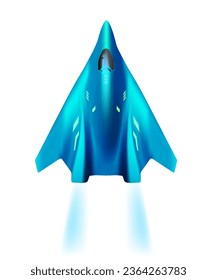 Ilustración vectorial del plano de aire de chorro de color azul con trazos de llama sobre fondo blanco. Diseño de 3d estilo avión volador con luz azul para web, sitio, banner, afiche