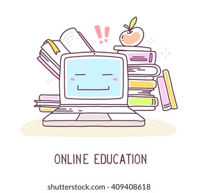 Vector illustration of blue color laptop with apple and stack of books and text on white background. Education concept. Thin line art flat design of laptop for education, study, on line training theme