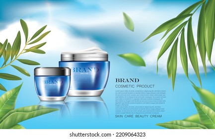 vector illustration blue color realistic cosmetic cream jars and leaves design template on the blue color glittering outdoor background,use for brand cosmetic advertising template.