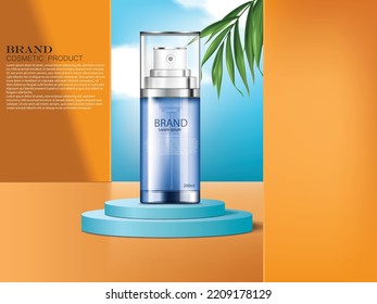 ilustración vectorial color azul realismo botella de spray cosmético en el bello podio de habitación 3D de color amarillo, uso para plantilla de publicidad cosmética.