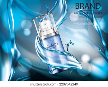 vector illustration blue color realistic 3D cosmetic spray bottle with water splashing design template on dark blue color background,use for cosmetic advertising template.