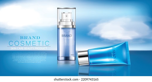 vector illustration blue color realistic cosmetic spray bottle and blue color cosmetic cream tube design template on the blue color glittering floor.blue sky behind it,use for cosmetic ad design.