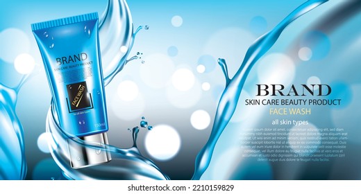 vector illustration blue color realistic face wash cosmetic product ad design template with water splashing.