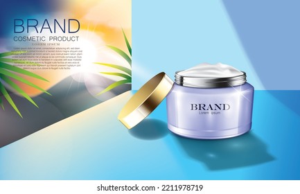vector illustration blue color realistic cosmetic cream jar on the blue color floor, beautiful environment behind the window,use for cosmetic advertising template.