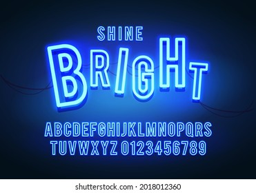 Vector Illustration Blue Color Retro Font. Neon Glow Typography.