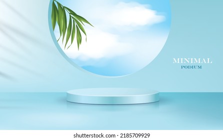 vector illustration blue color round podium in 3d room and palm leaves and blue sky behind the wall.3d illustration. use for cosmetic presentation background.