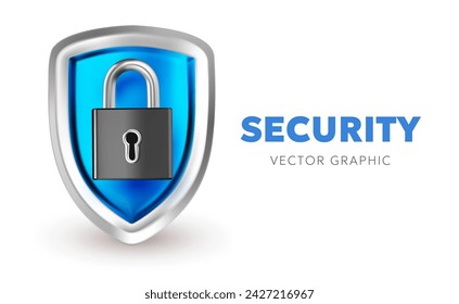 Vector illustration of blue color security shield with padlock on white background. 3d style template design of metallic shine shield and padlock with text for web, site, banner, poster