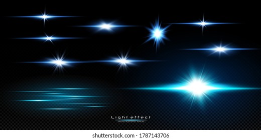 Vector illustration of a blue color. Set of  light effects. Flashes and glares. Bright rays of light. Glowing lines. Vector illustration. Christmas flash. dust.