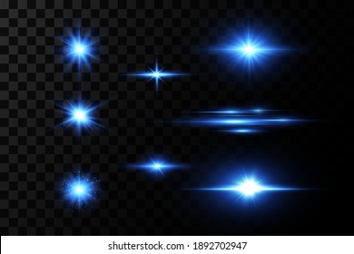 Vector illustration of a blue color. Set of  light effects. Flashes and glares. Bright rays of light. Glowing lines. Vector illustration. Christmas flash. dust.