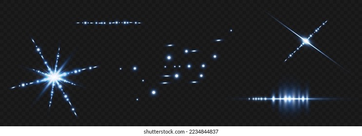 Vector illustration in blue color. Set of light effects. Glare and flash. Bright beams of light. Glowing lines. Vector illustration.Dust. Christmas Flash.