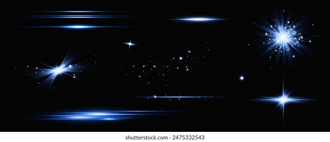 Vector illustration in blue color. Set of light effects. Glare and flash. Bright beams of light. Glowing lines. Vector illustration.Dust. Christmas Flash.