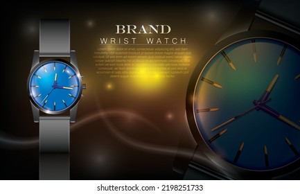 ilustración vectorial reloj de muñeca color azul en fondo de brillo de color dorado oscuro,plantilla de ilustración 3d.