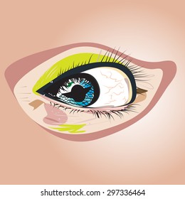 a vector illustration of an blue colored eye in detail, with wrinkles, pores, lines, eyelashes and green eyeshadow on eyelid