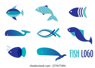 Vector illustration of blue colors fishes. Abstract fish logo set for seafood restaurant or fish shop