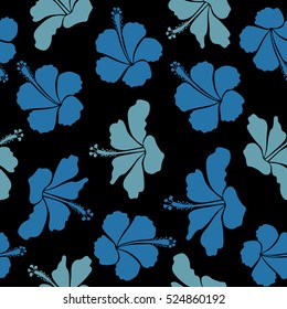 Vector illustration in blue colors on a black background. Seamless tropical flower, hibiscus pattern.