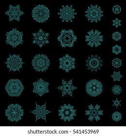 Vector illustration in blue colors on black background. 29 snowflakes winter New Year frame.