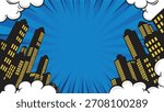 Vector Illustration of Blue Comic Explosion Background with Bold Urban City Skyline Silhouette for Dynamic Design
