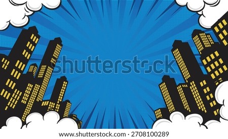 Vector Illustration of Blue Comic Explosion Background with Bold Urban City Skyline Silhouette for Dynamic Design